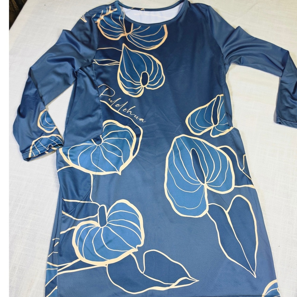Pulelehua Womens Navy Blue Tropical Leaf Long Sleeve Pocket Shift Dress